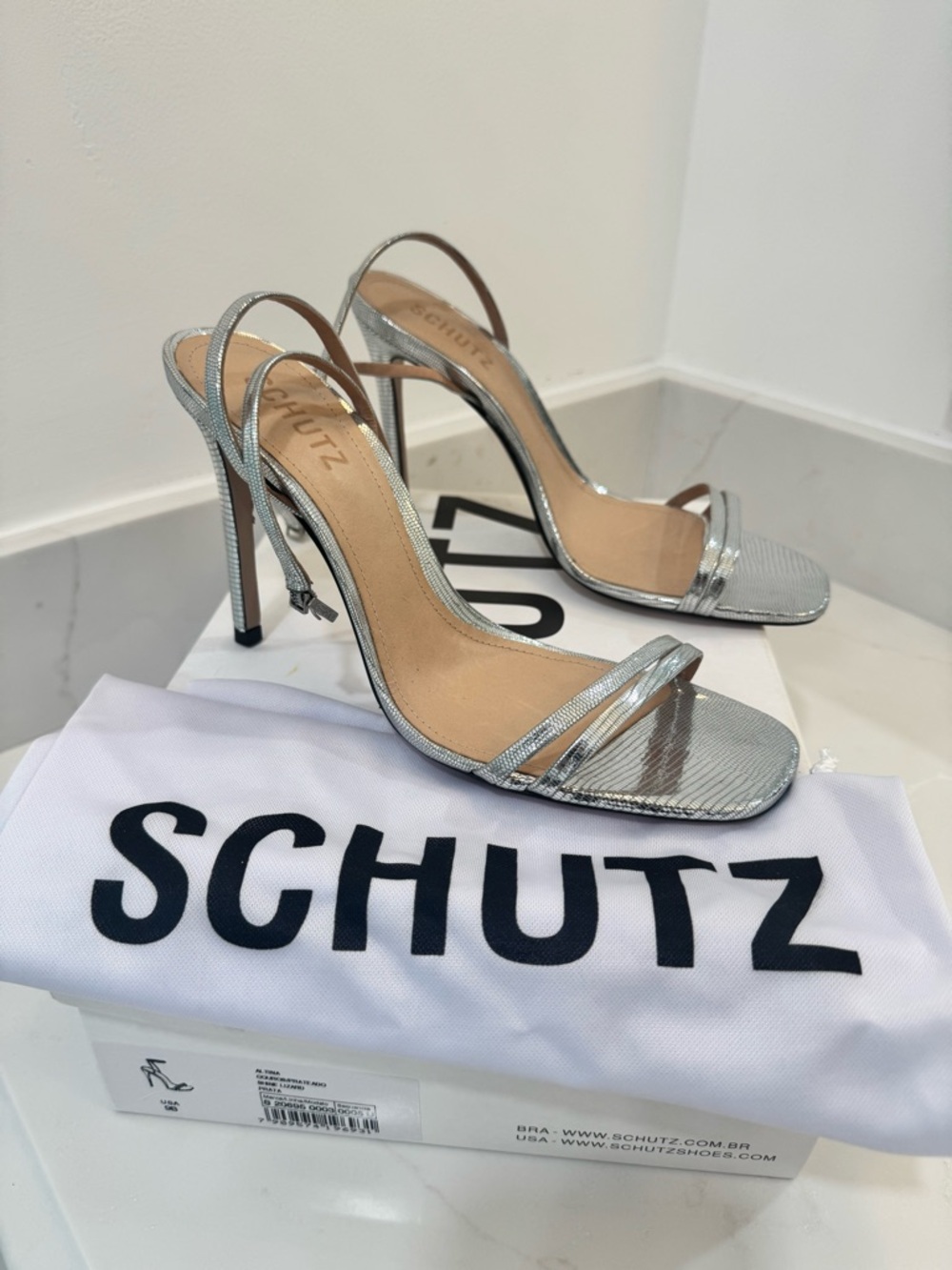 SCHUTZ Silver Metallic Strappy Slingback Stiletto Sandals